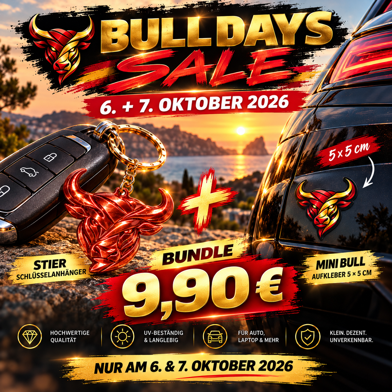 BULL DAYS SALE – Stier Schlüsselanhänger + Mini Bull Aufkleber | Bundle